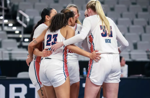 FAU Women’s basketball team huddled up during their first 2023-24 AAC Conference Tournament game against Wichita State. 